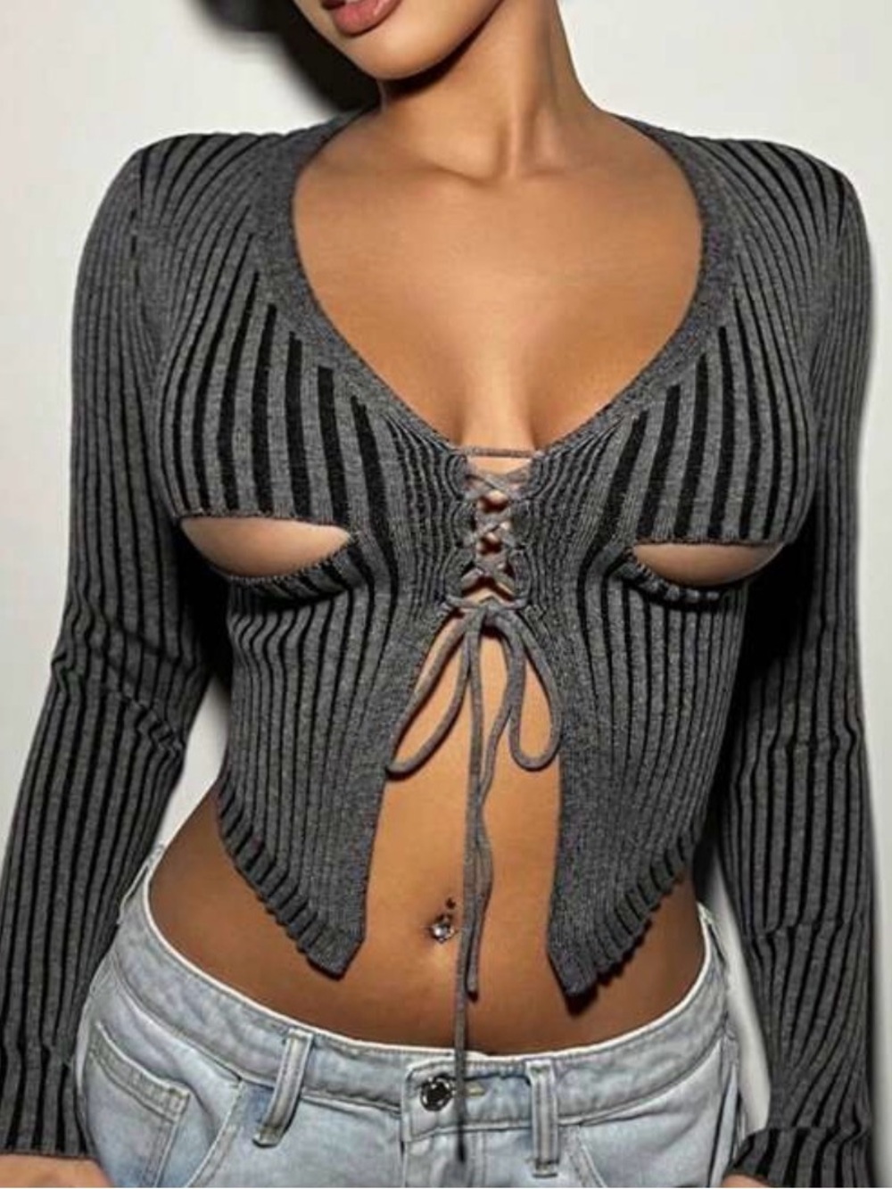 Ribbed Lace-Up Cutout Long Sleeve Top - Gray
